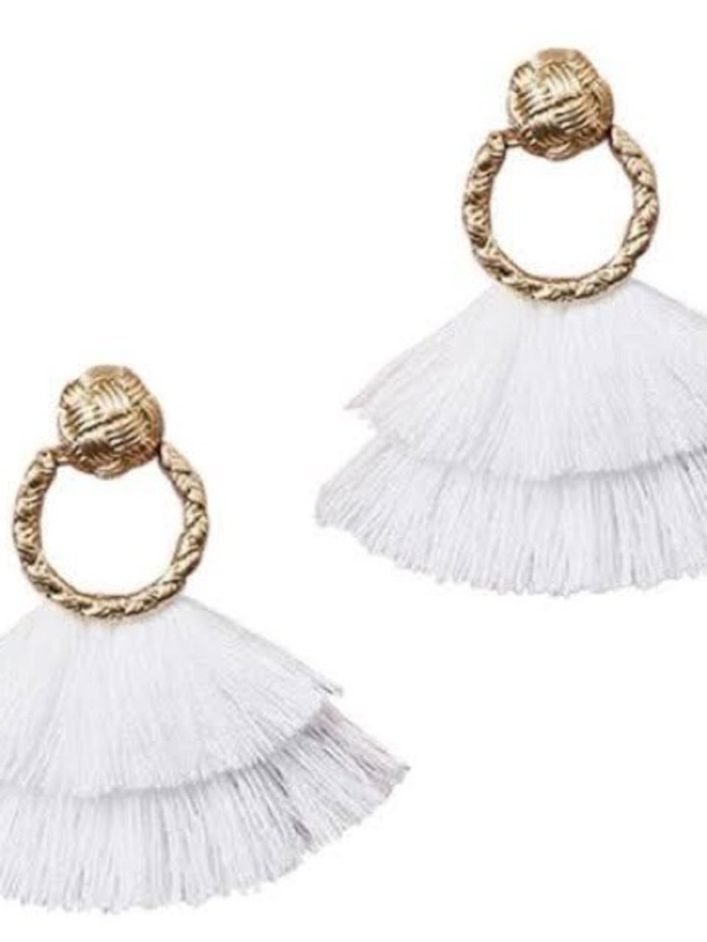 For Love and Lemons Gold Hoop White Tassel Fan Statement Earrings